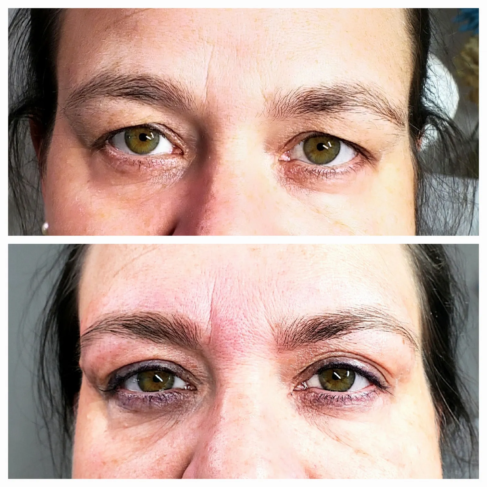 Vorher und Nachher Vergleich der Augenpartie nach einer Augenbrauen Behandlung.
